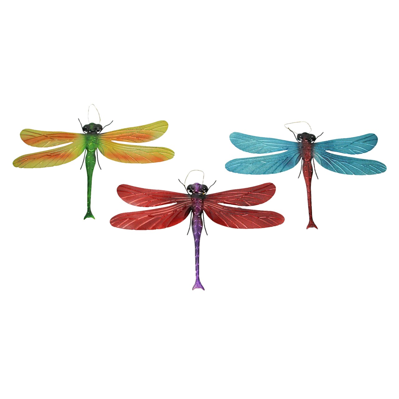 Set of 3 Metal 17.5 Inch Dragonfly Hanging Wall Sculptures Outdoor Garden Art